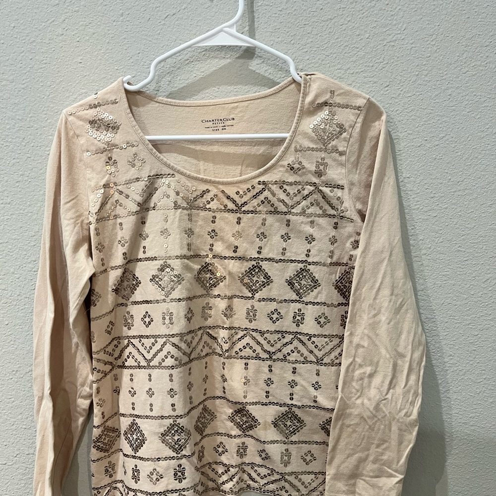 Charter Club Beige Patterned Long Sleeve Top